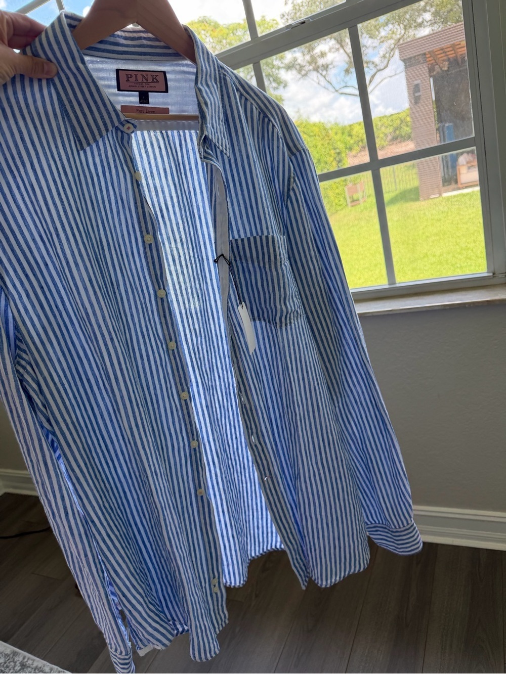 Thomas Pink Men’s 100% Linen Blue White Striped Shirt | Size: L | NWT - Picture 8 of 9
